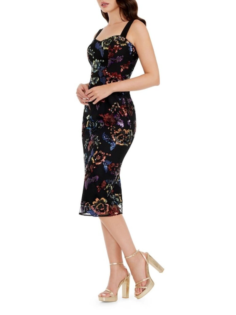 Dress the Population Black Multicolor Sequin Floral Midi Dress with Wide Straps